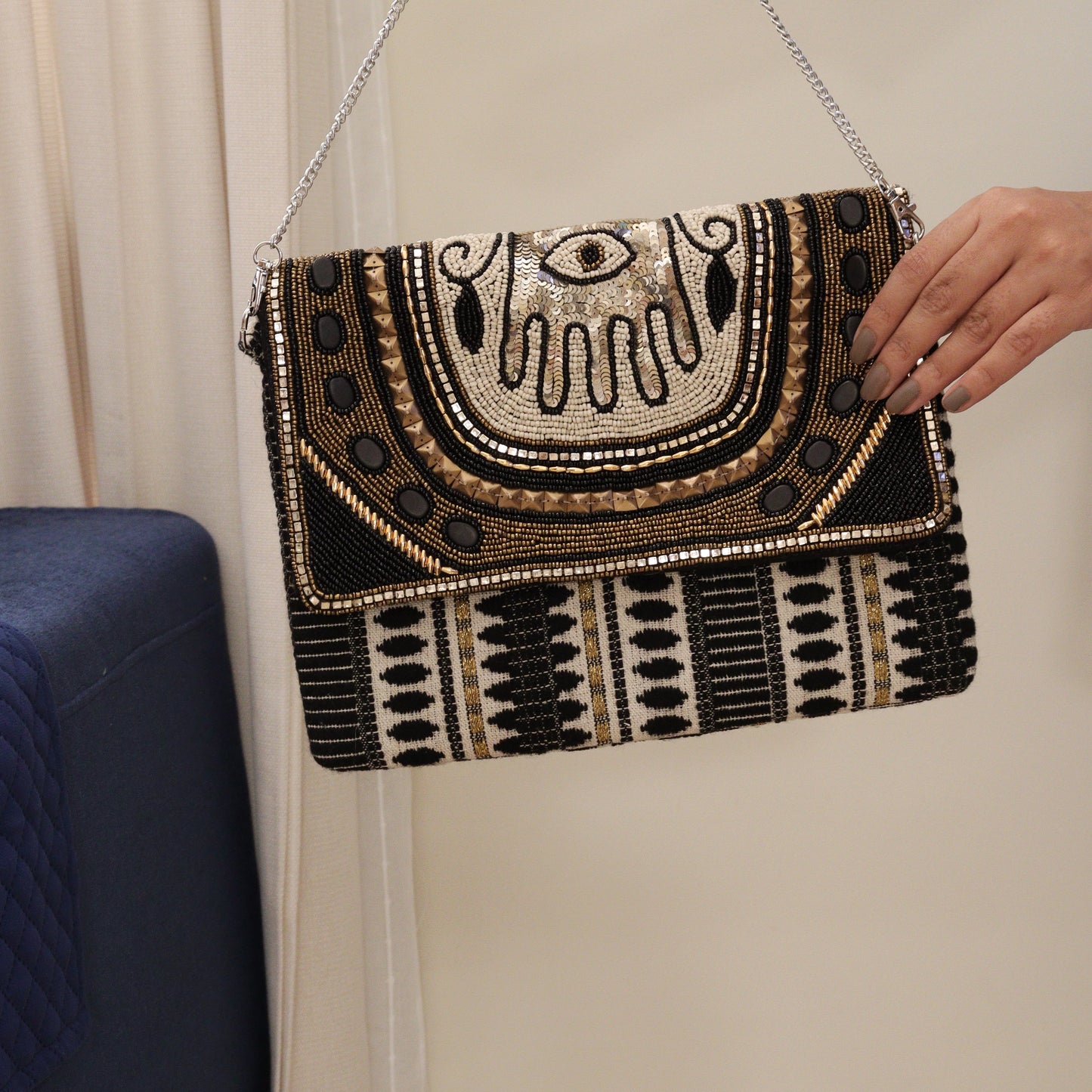 Hamsa Black Jacquard Clutch