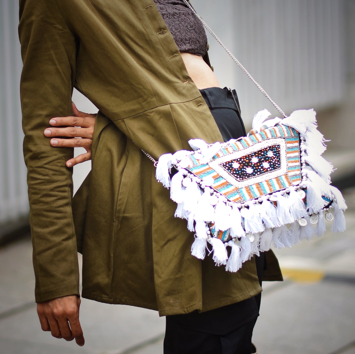 White Tassle Coin Bohemian Bag
