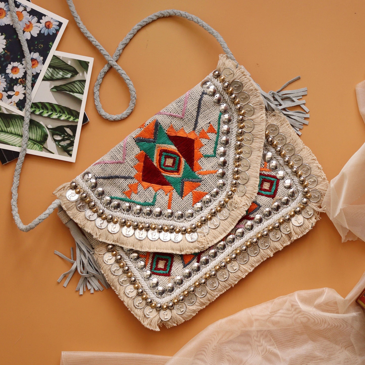 Boho Amulet White Embroidered Jute Coin  Bag