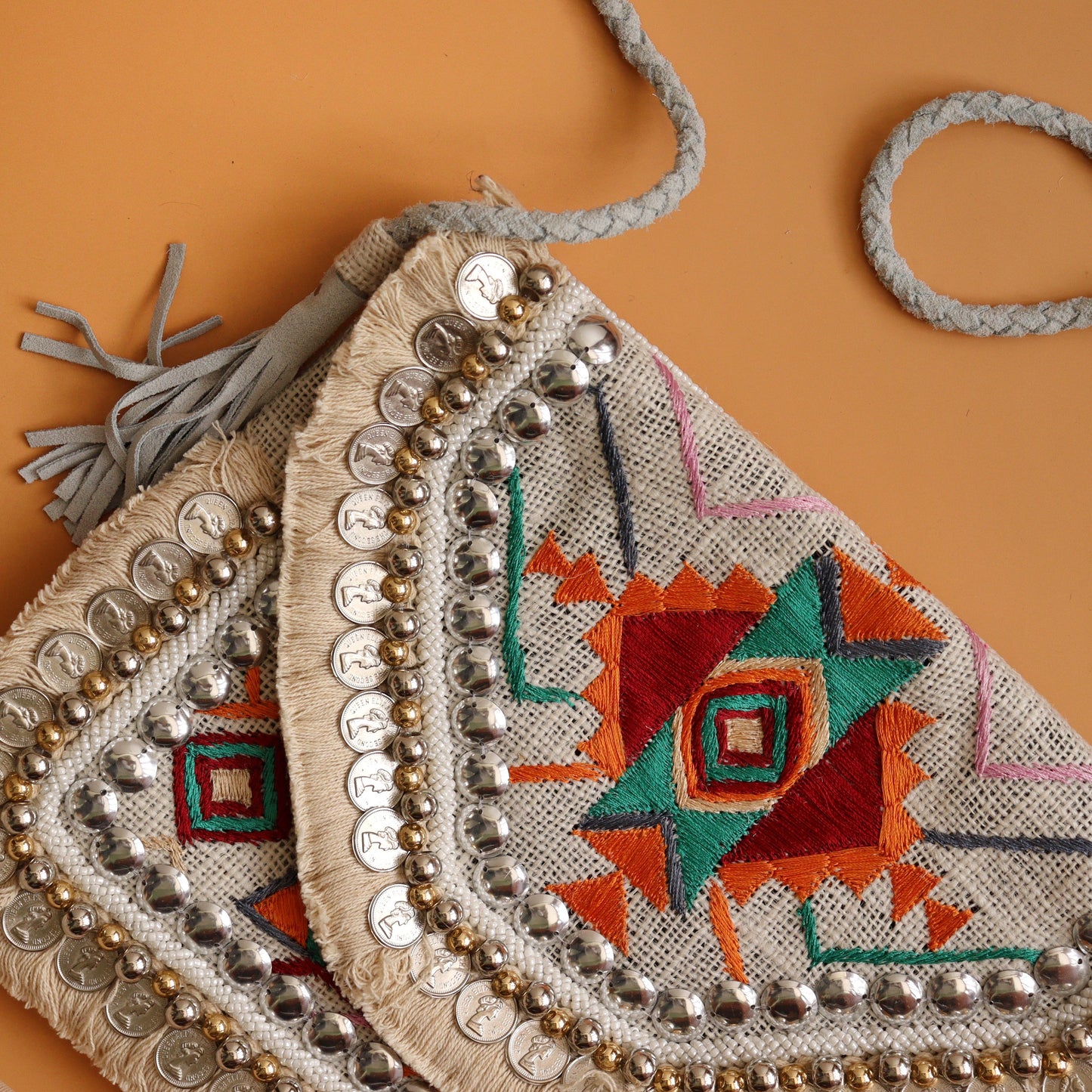 Boho Amulet White Embroidered Jute Coin  Bag