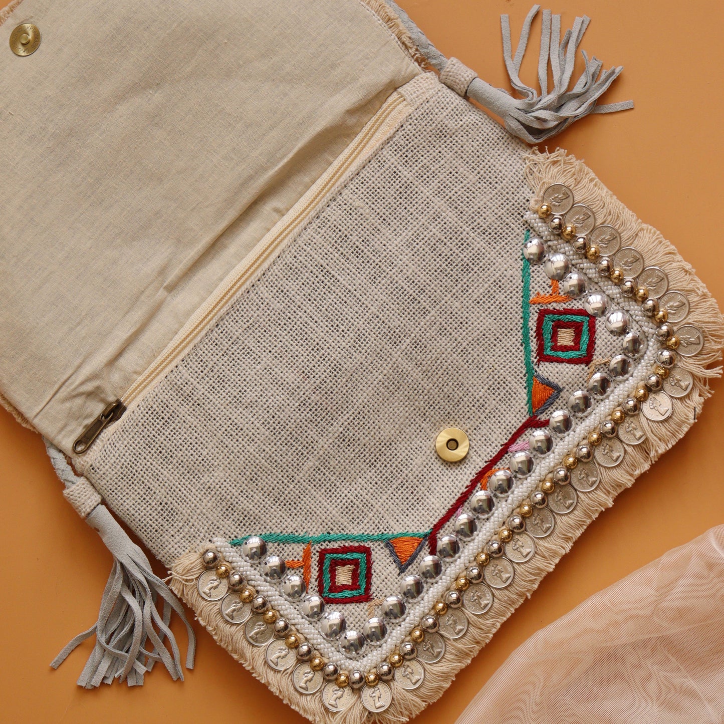 Boho Amulet White Embroidered Jute Coin  Bag