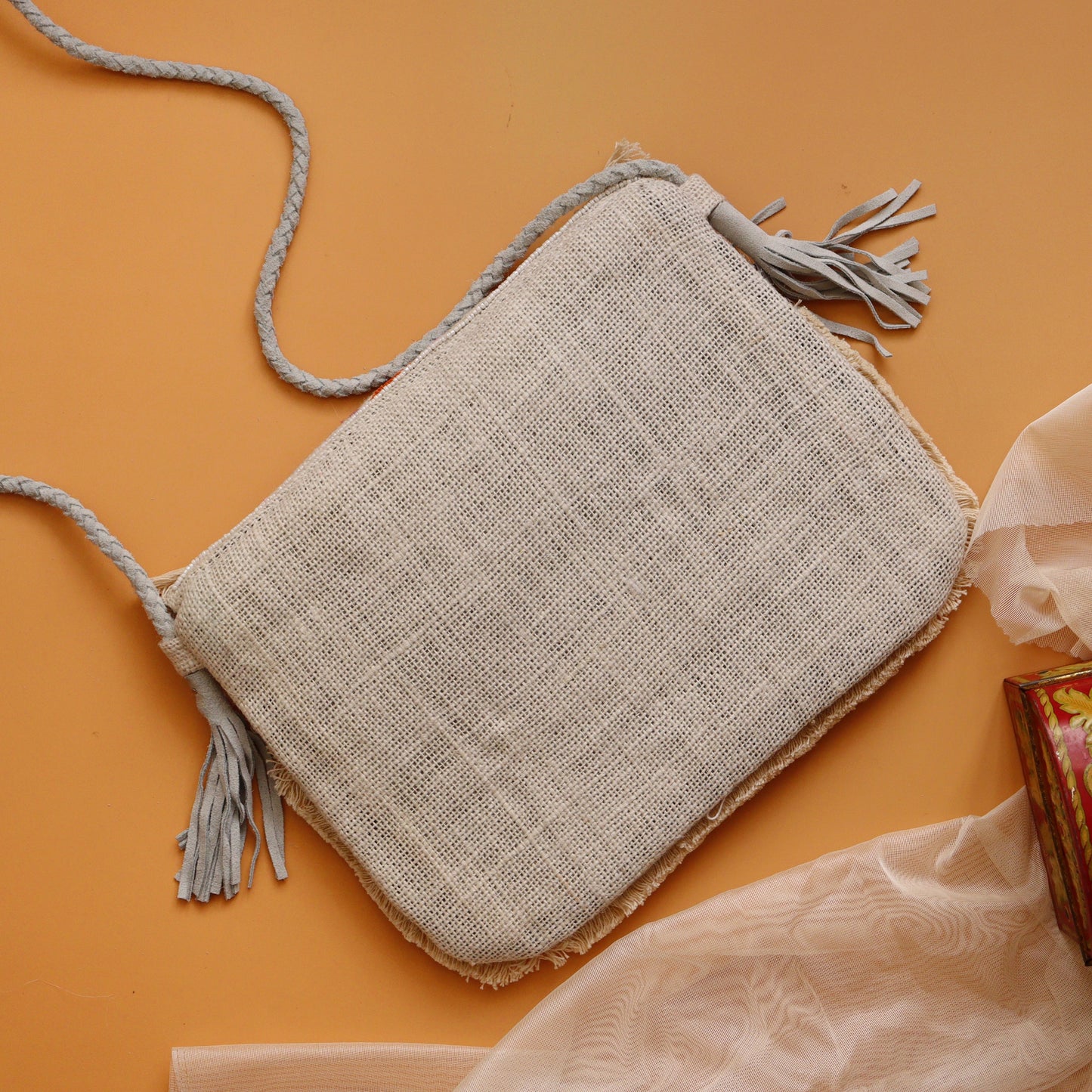 Boho Amulet White Embroidered Jute Coin  Bag