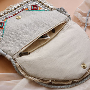 Boho Amulet White Embroidered Jute Coin  Bag