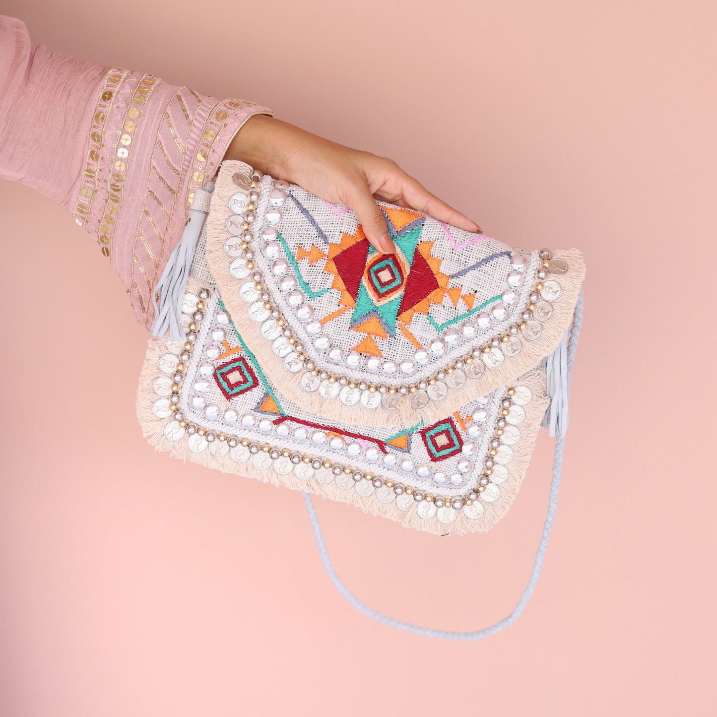 Boho Amulet White Embroidered Jute Coin  Bag