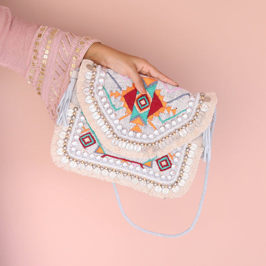Boho Amulet White Embroidered Jute Coin  Bag