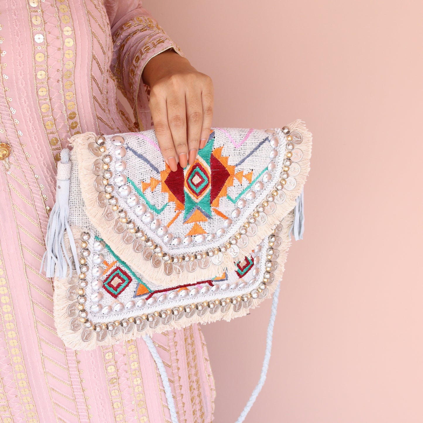 Boho Amulet White Embroidered Jute Coin  Bag