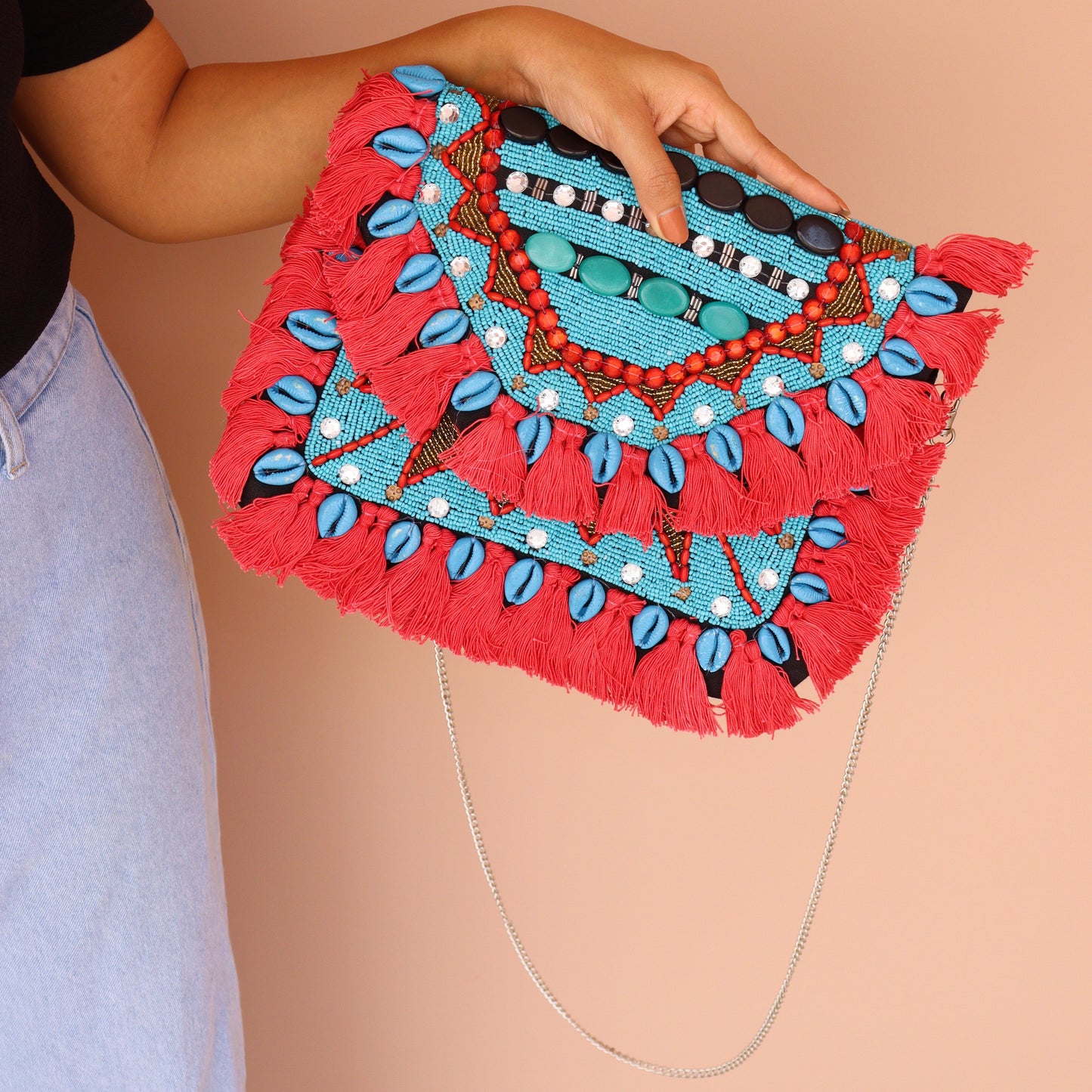 Ruby Azure Beaded Clutch Boho Bag