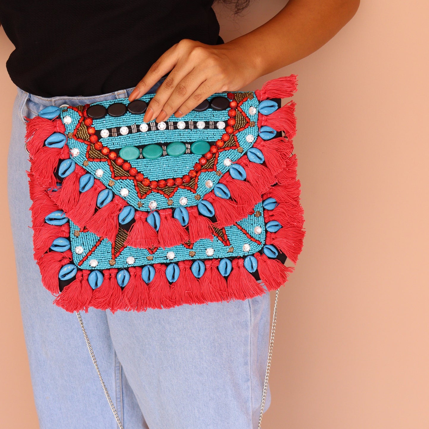 Ruby Azure Beaded Clutch Boho Bag
