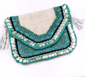 Turquoise White Jute - Glass Beads Bag1