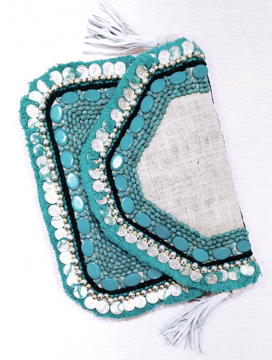 Turquoise White Jute - Glass Beads Bag1