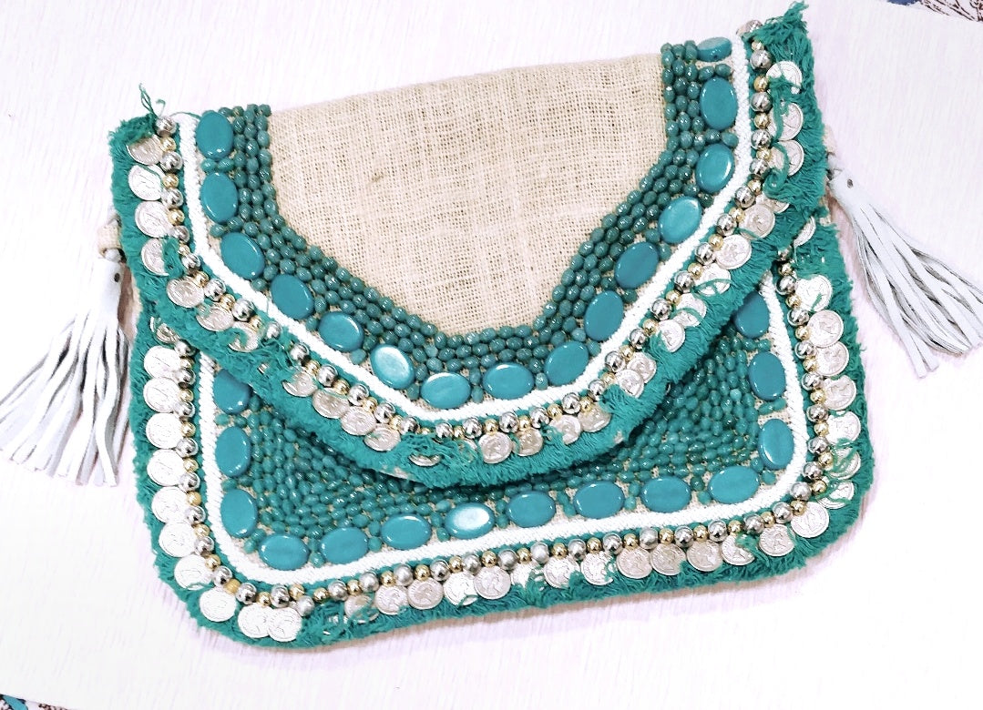 Turquoise White Jute - Glass Beads Bag2