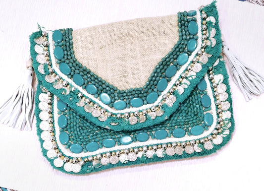 Turquoise White Jute - Glass Beads Bag2