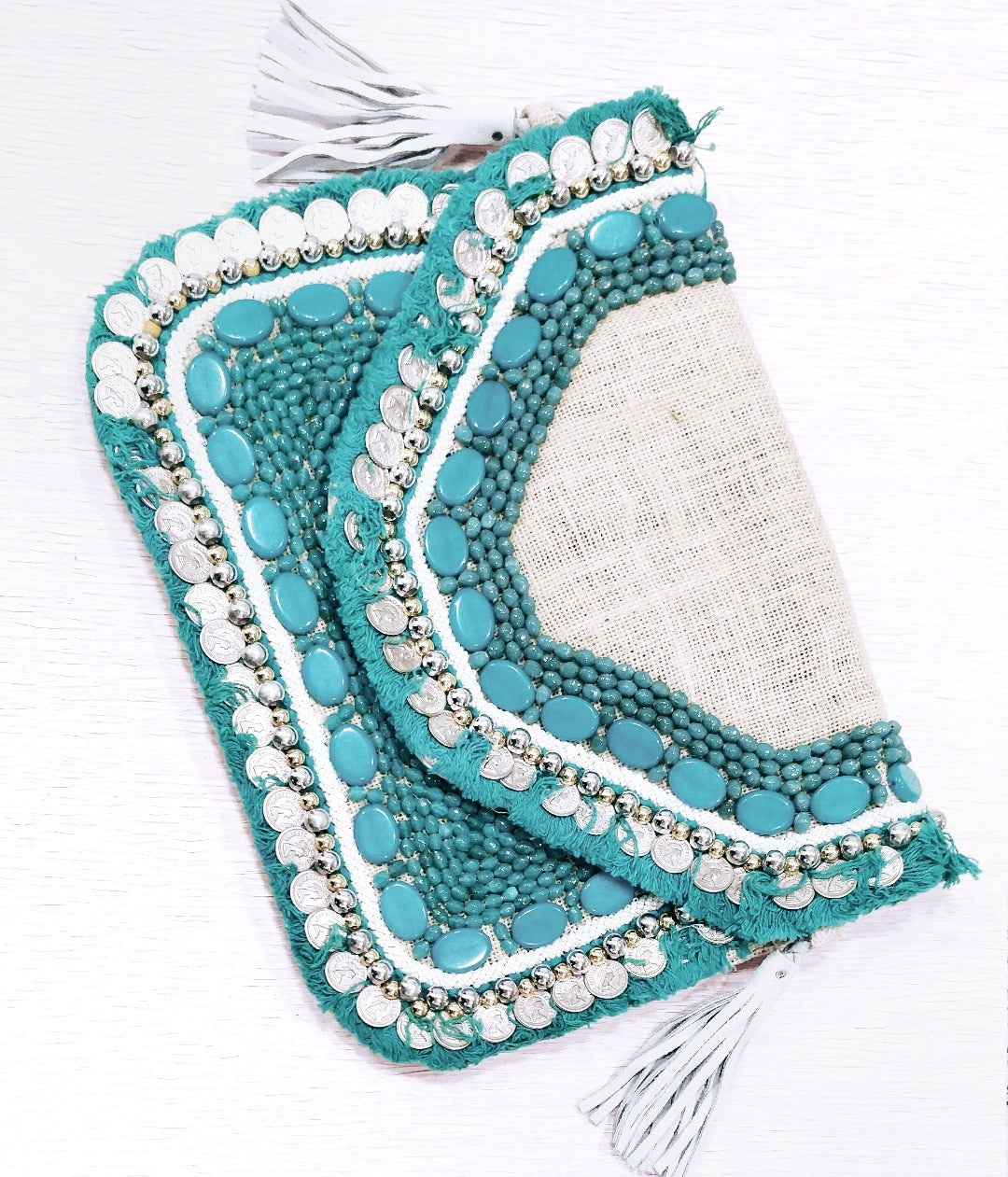 Turquoise White Jute - Glass Beads Bag2