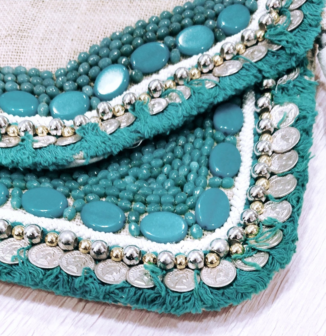 Turquoise White Jute - Glass Beads Bag2