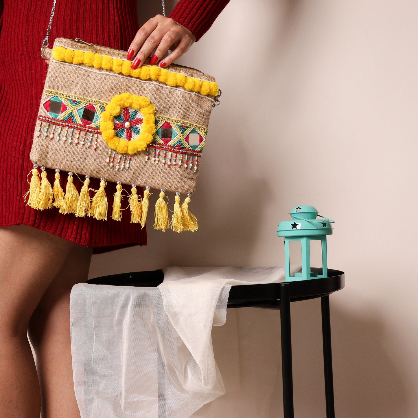 Yellow Jute Pom Sling