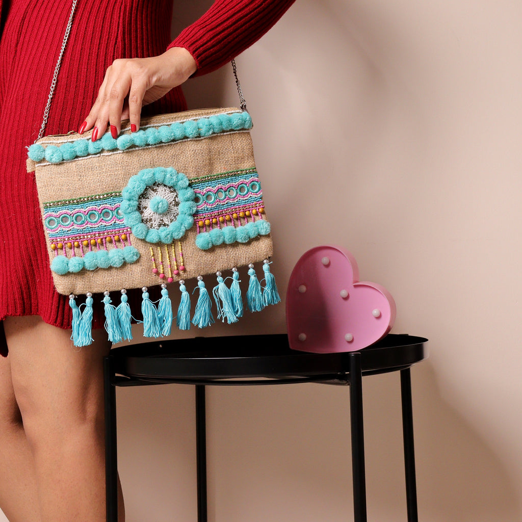 Blue Jute Pom Sling