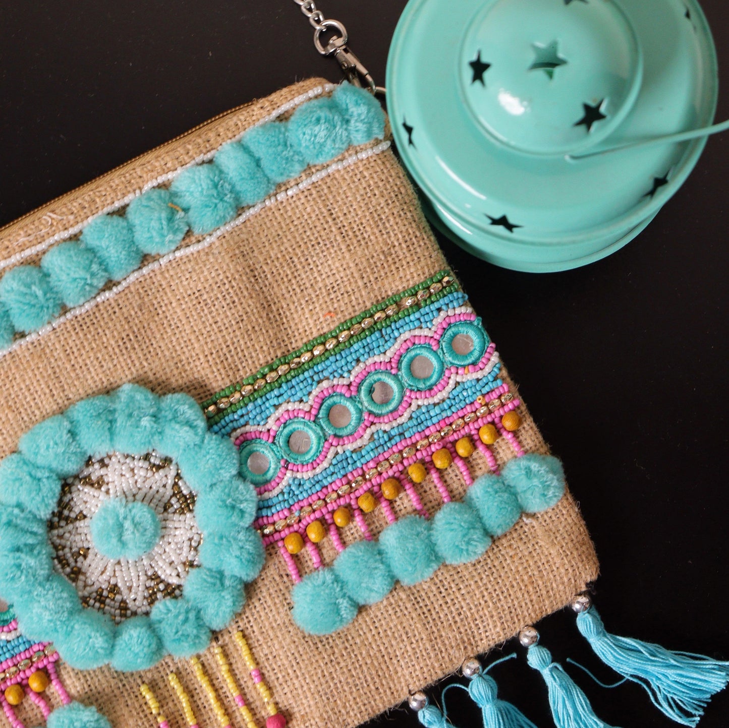 Blue Jute Pom Sling