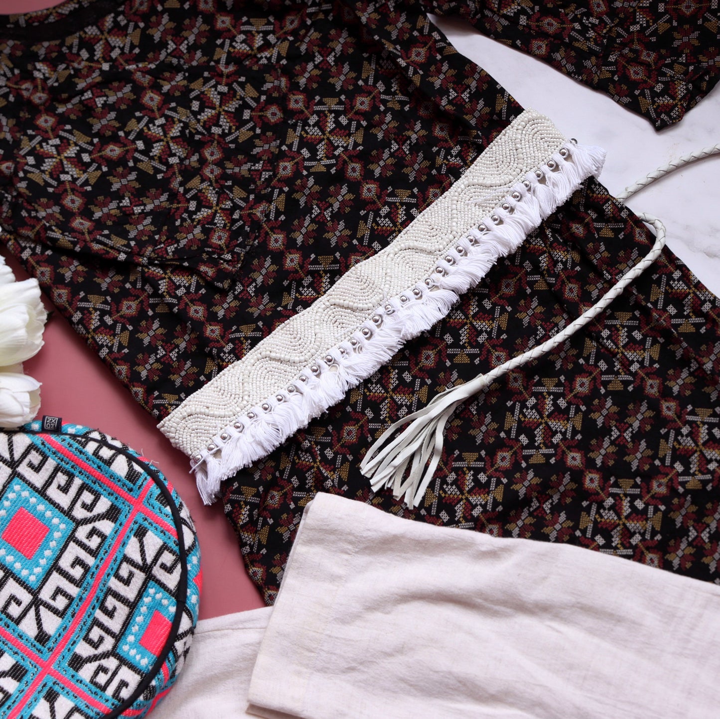 White Tasseled Waist Belt