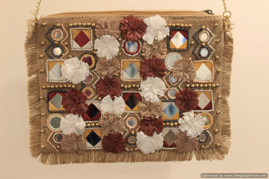 Ginger Brown Jute Raffia Flower Clutch Handmade Bag