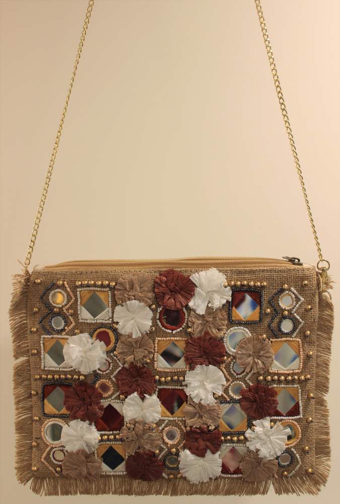 Ginger Brown Jute Raffia Flower Clutch Handmade Bag