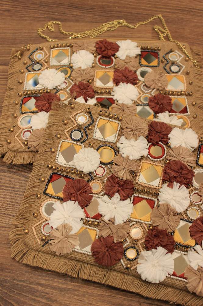 Ginger Brown Jute Raffia Flower Clutch Handmade Bag