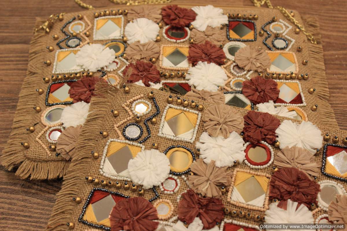 Ginger Brown Jute Raffia Flower Clutch Handmade Bag