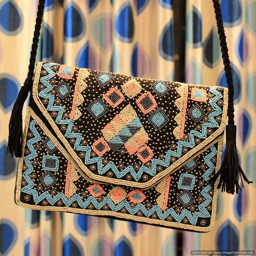 Shimla Black Beaded Bohemian Clutch Boho Bag