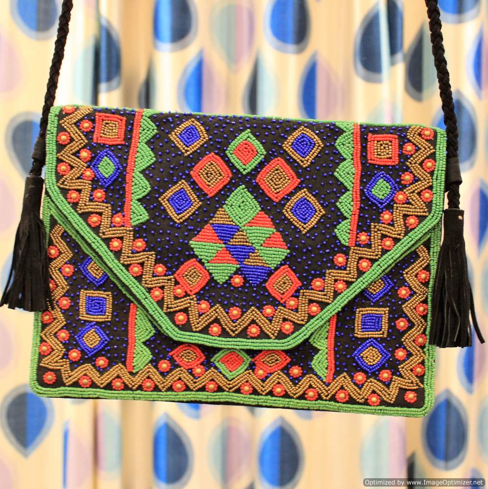 Intricate Black Green Clutch Boho Bag