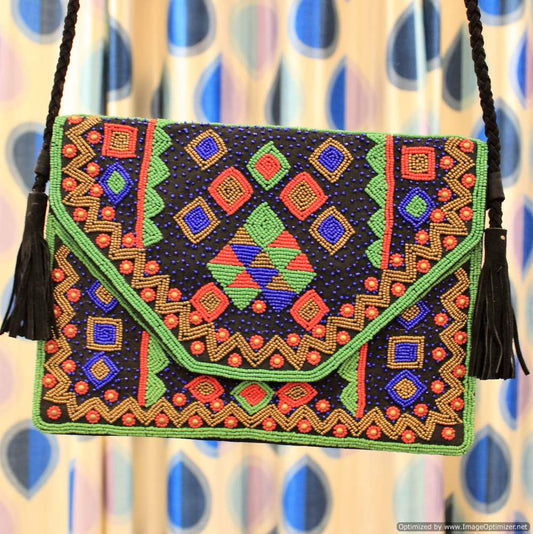Intricate Black Green Clutch Boho Bag