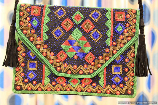 Intricate Black Green Clutch Boho Bag