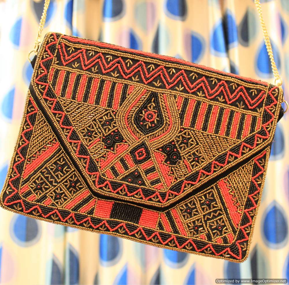 Kasauli Red Black Beaded Clutch Boho Bag
