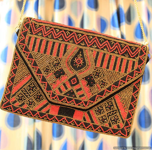 Kasauli Red Black Beaded Clutch Boho Bag