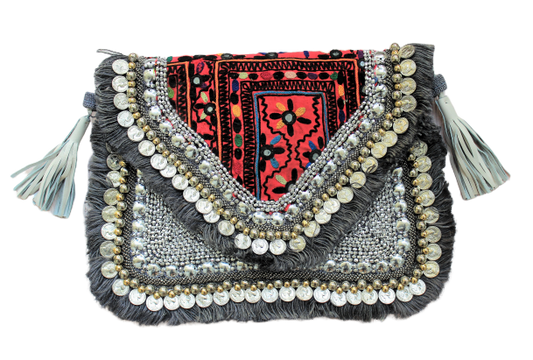 Jaisalmer Grey Banjara Coin Clutch Boho Bag