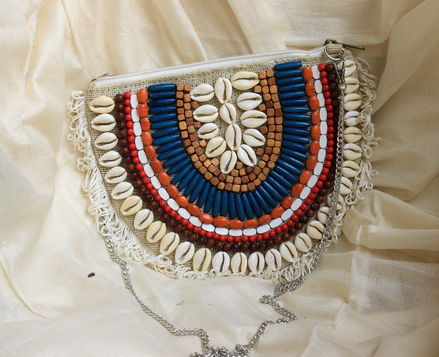 Half Moon Shell Blue Beaded Bohemian Bag