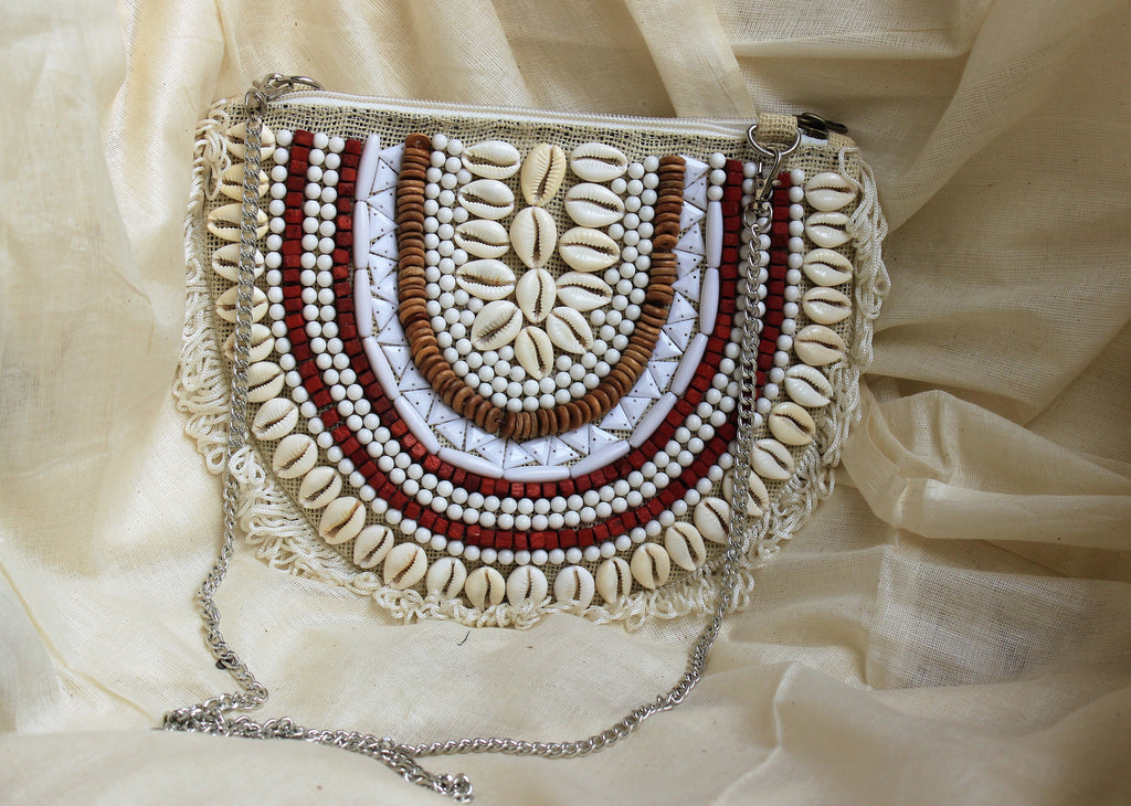 Half Moon Shell Maroon Beaded Bohemian Bag