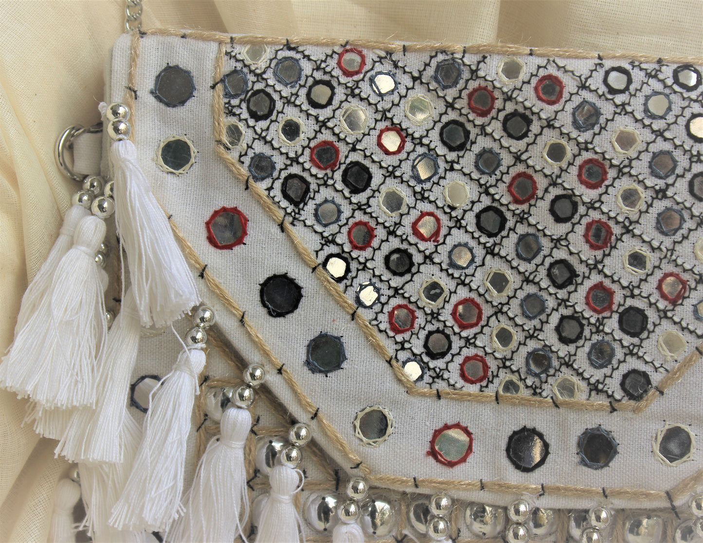 Prismatic White Tassle Canvas Boho Bag
