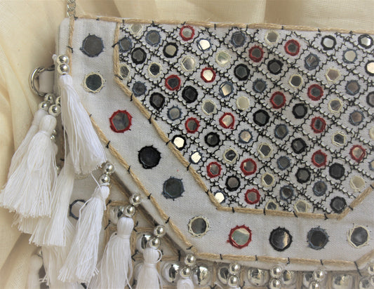 Prismatic White Tassle Canvas Boho Bag