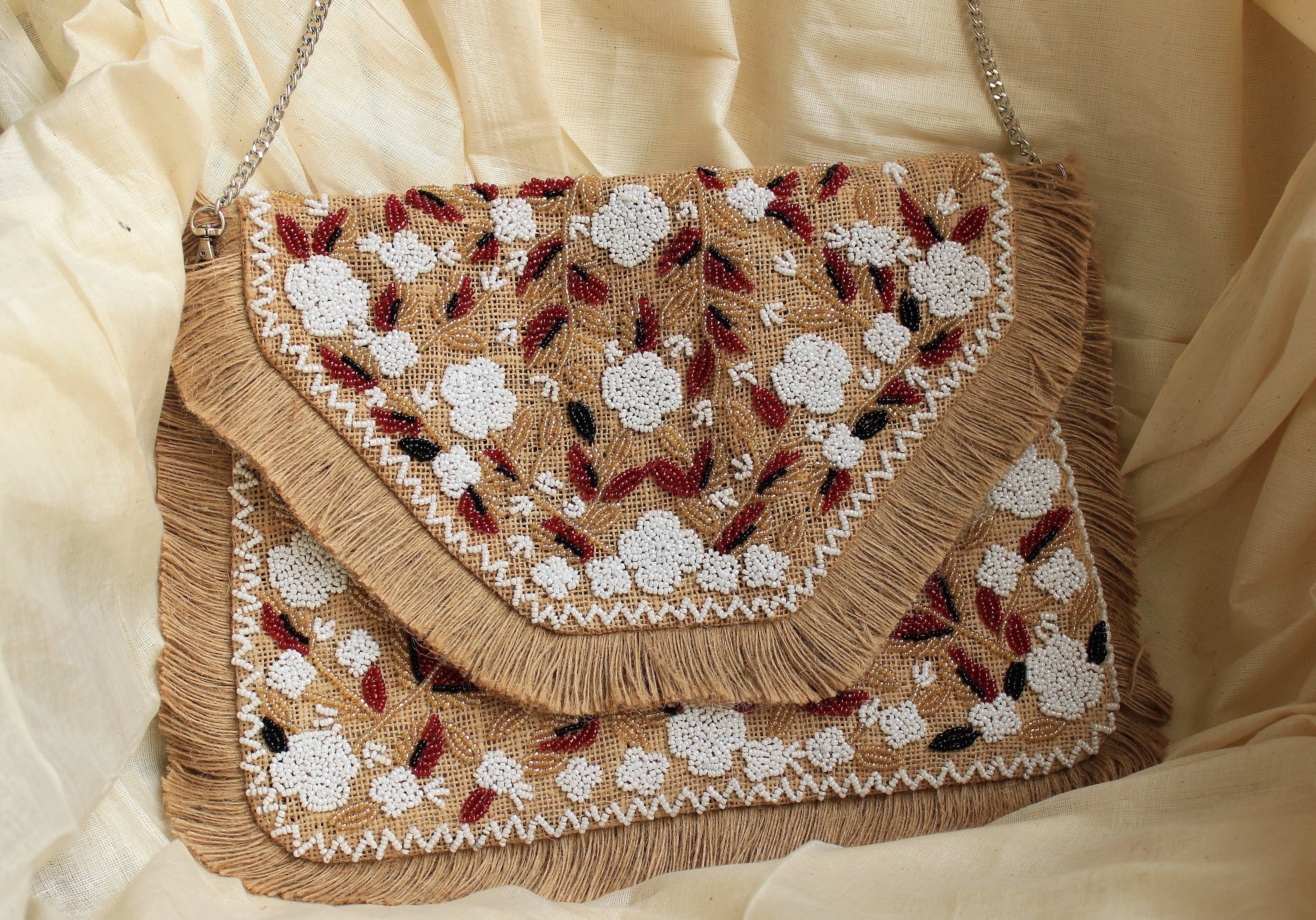 Nicosia Natural Brown Beads Jute Clutch Bohemian Bag