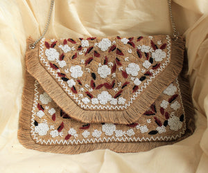 Nicosia Natural Brown Beads Jute Clutch Bohemian Bag