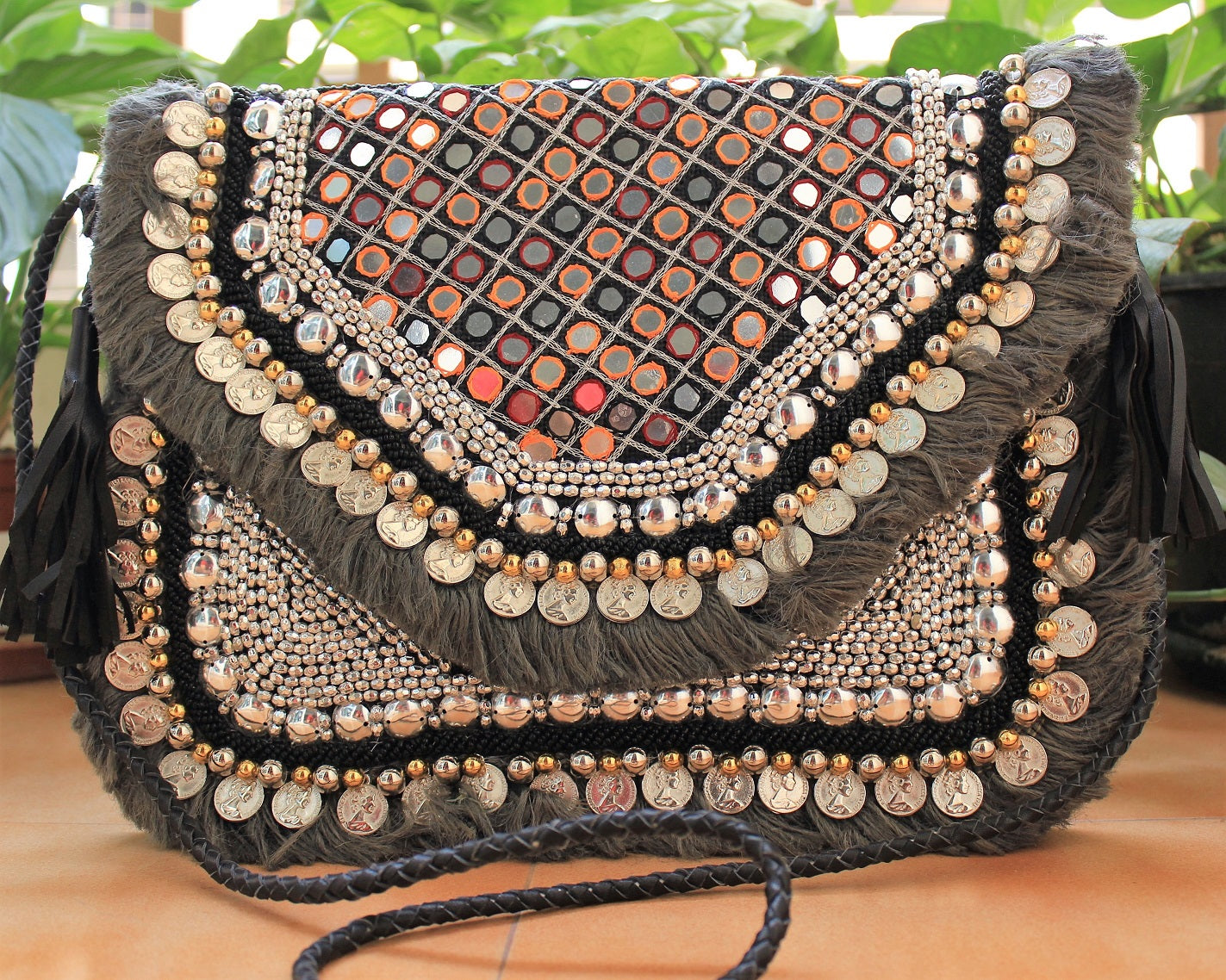 Anavrin Mirror Work Grey Multicolored Thread Jute Coin Clutch
