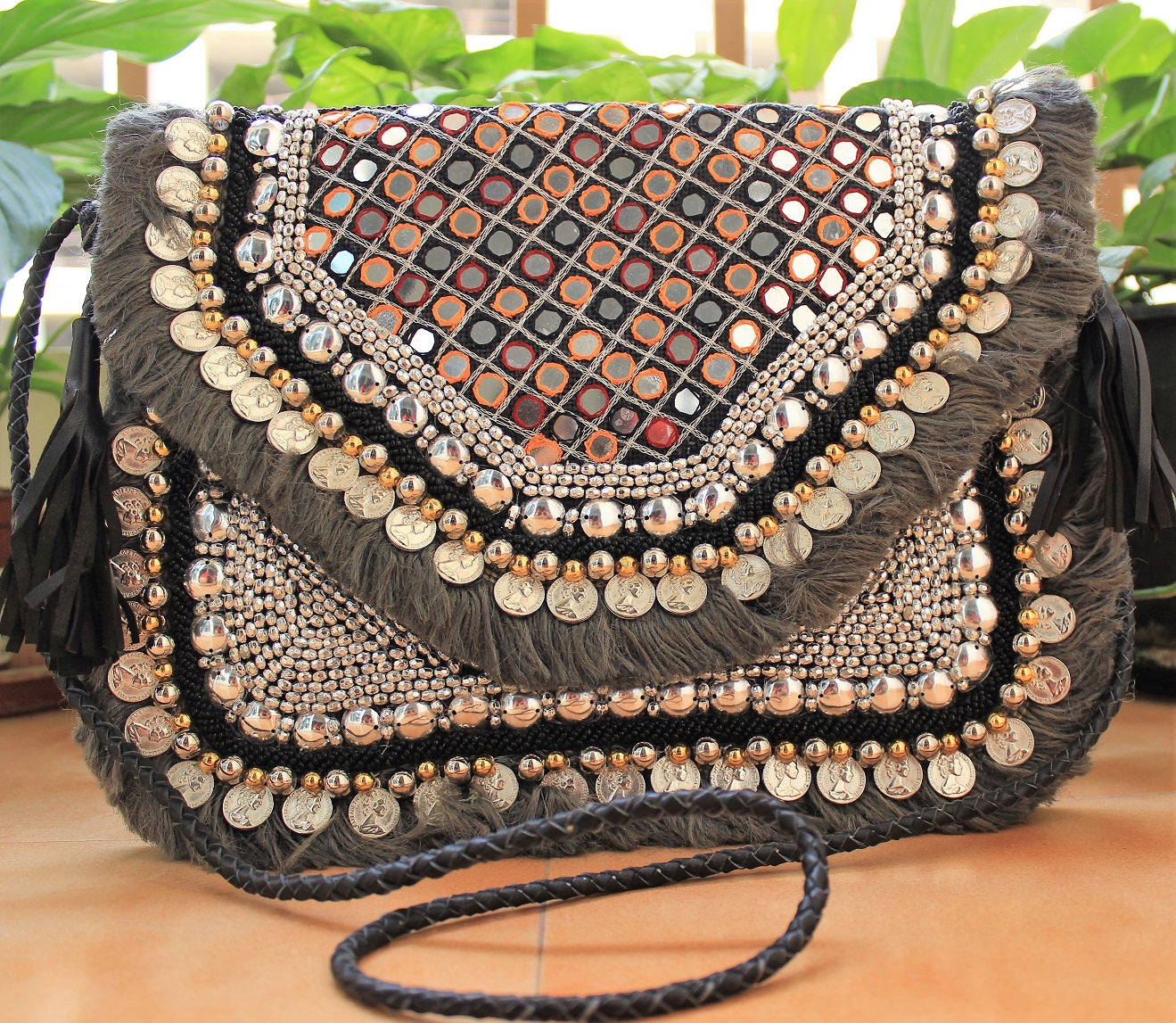 Anavrin Mirror Work Grey Multicolored Thread Jute Coin Clutch