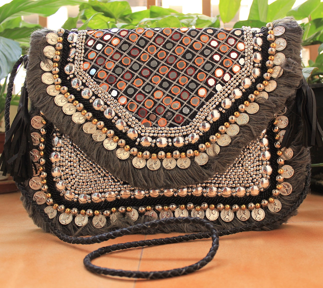 Anavrin Mirror Work Grey Multicolored Thread Jute Coin Clutch