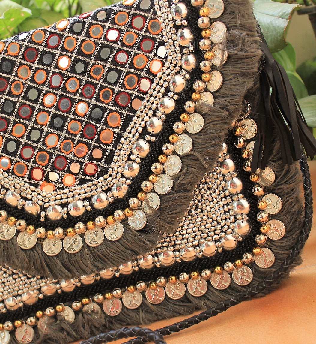 Anavrin Mirror Work Grey Multicolored Thread Jute Coin Clutch