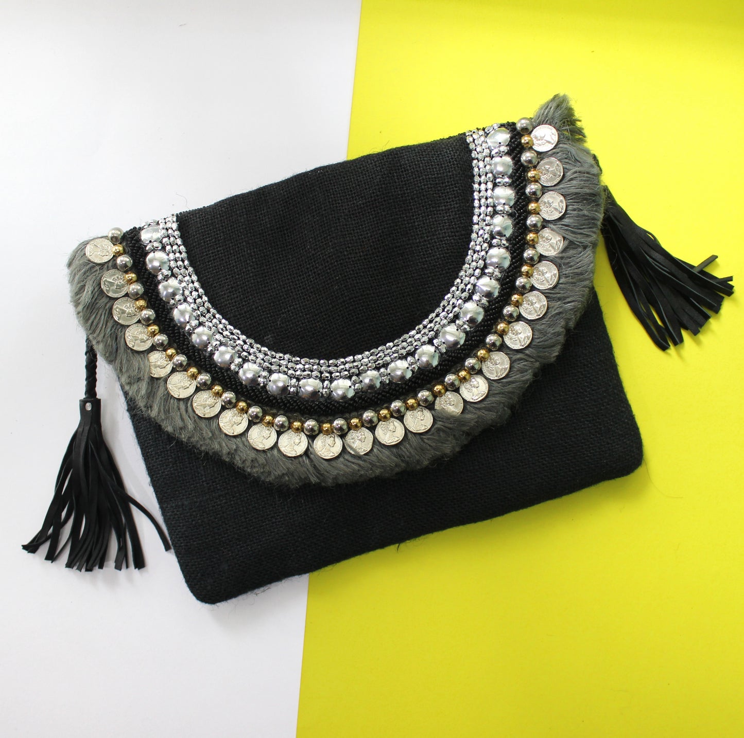 Onyx Black Jute Coin Clutch