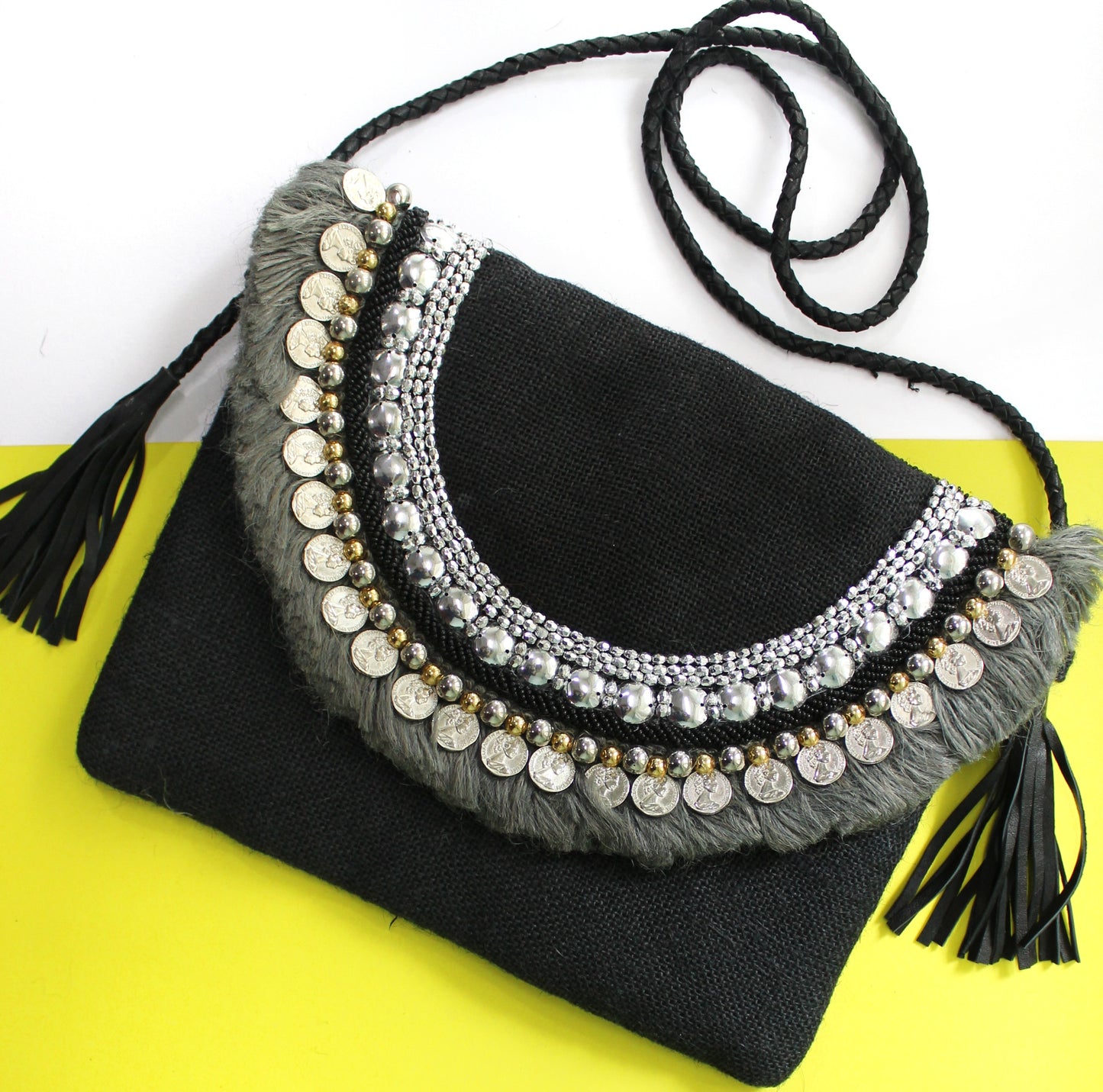 Onyx Black Jute Coin Clutch