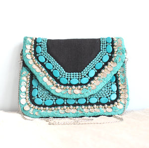 Turquoise Vaso - Glass Beads Bag, Chain Sling