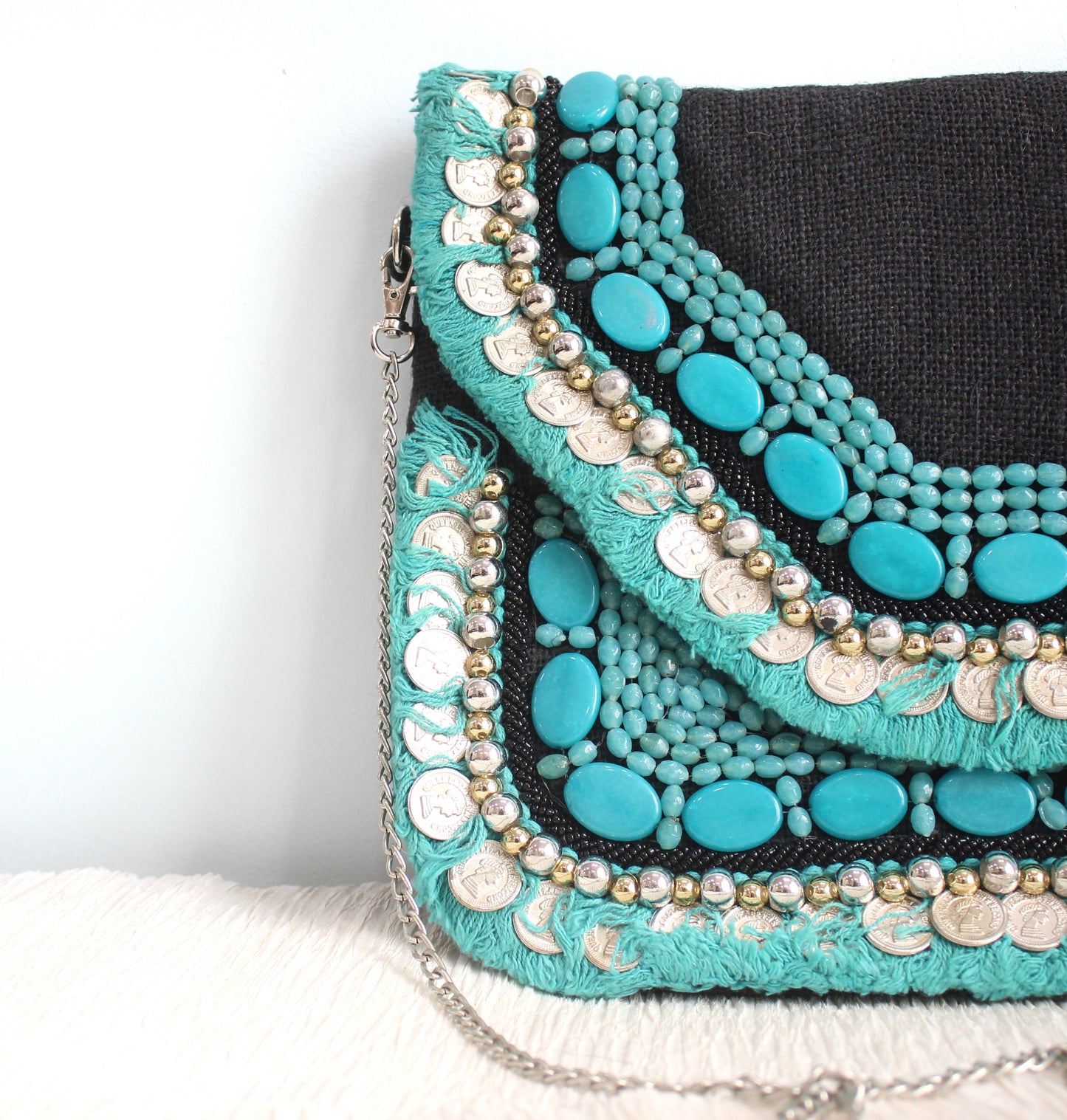 Turquoise Vaso - Glass Beads Bag, Chain Sling