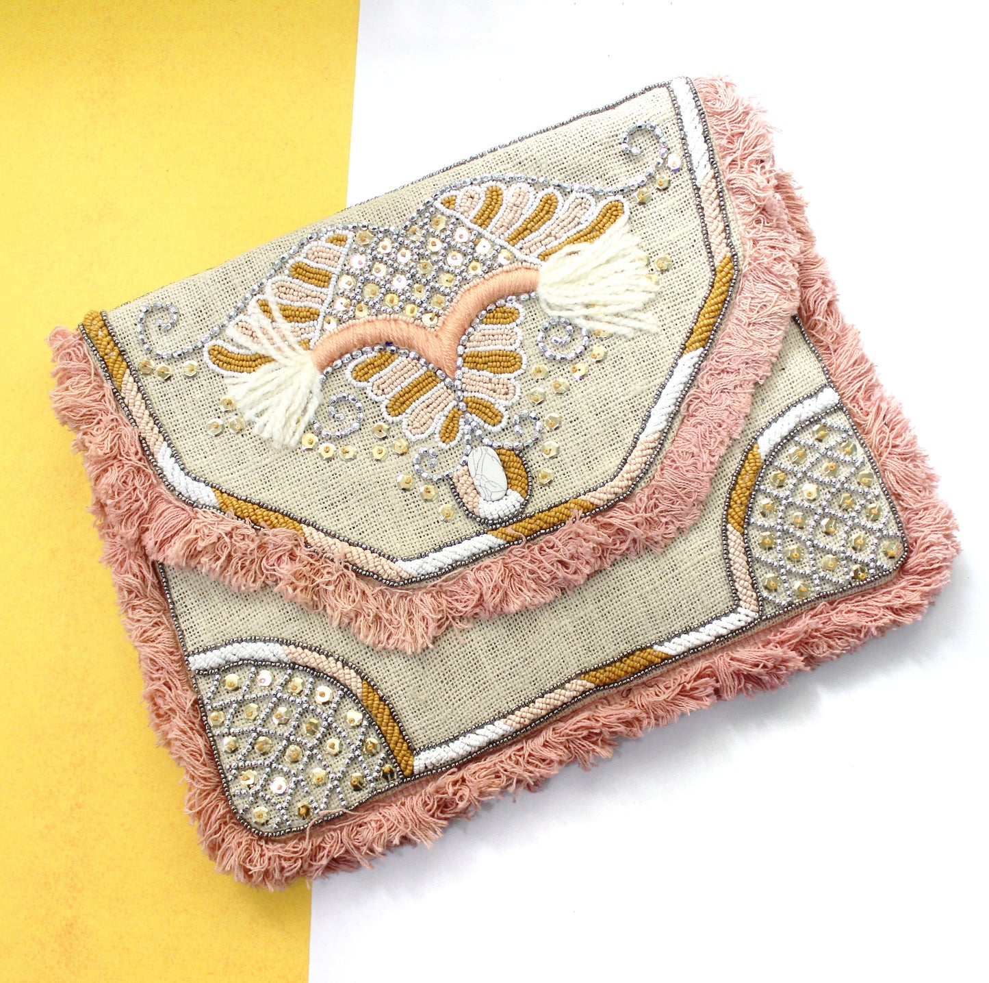 Valencia Peach Butterfly Jute Bohemian Clutch