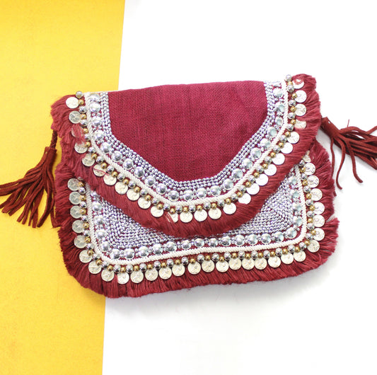 Analise Maroon Jute Coin Clutch