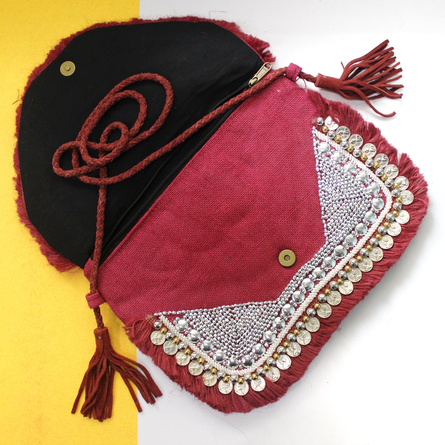 Analise Maroon Jute Coin Clutch